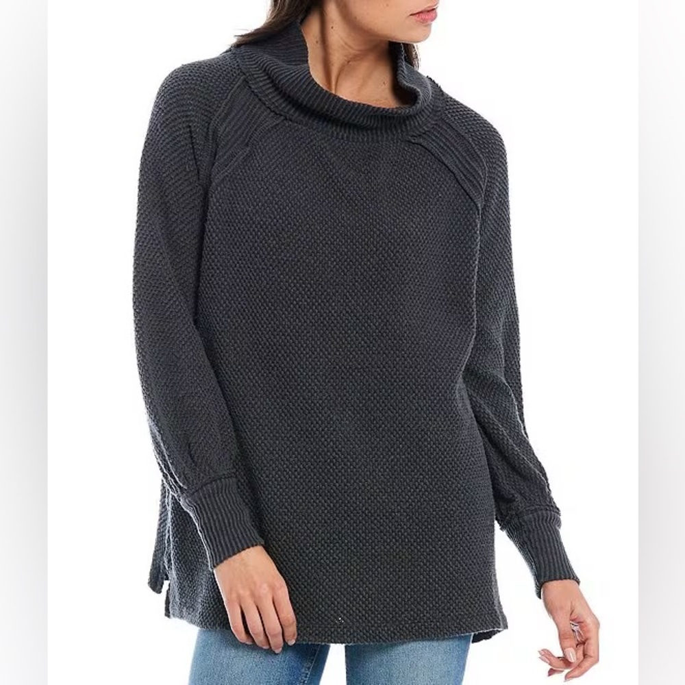 She's A Keeper Funnel Neck Side Slits Long Sleeve Rib Cuff Knit Pullover